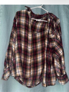 Topshop Plaid Button-Down Shirt in Red, Tan and Black